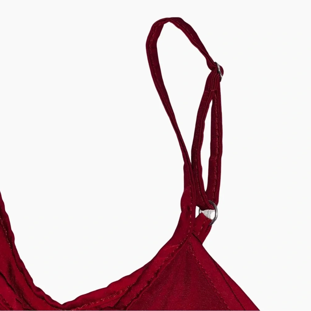 Abercrombie & Fitch Satin Cold Shoulder Bodysuit V Neck Maroon Layering Silky - Picture 6 of 12